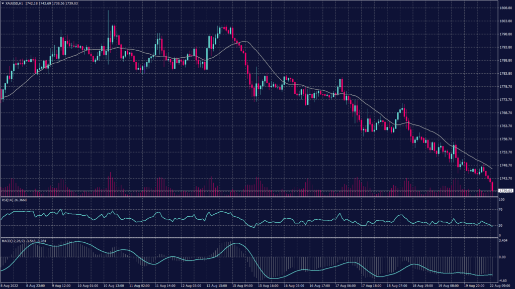 Spot gold chart shows that it remains negative on both the daily and hourly chart after breaking below the support at 1,740.